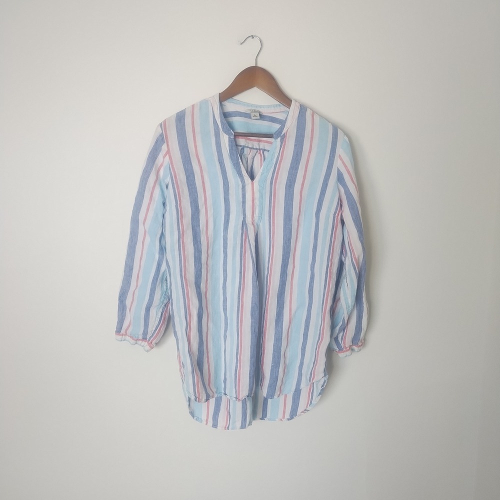 LL Bean Linen Tunic Top Women's L Striped Coastal Beachy Nautical - Picture 1 of 9